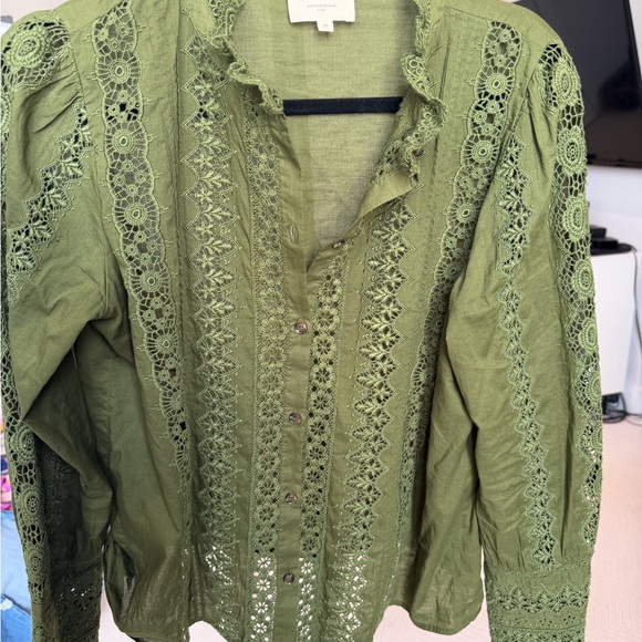 Sezane Olive Lace Button Down Shirt 38 - Picture 2 of 3